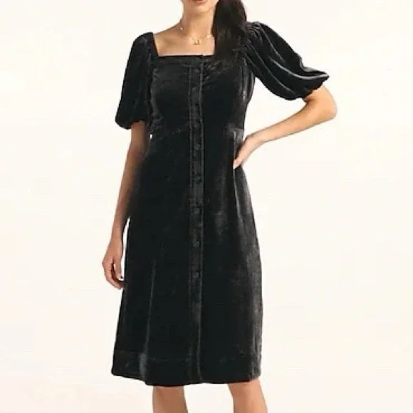 J Crew Puff-Sleeve Velvet Dress Button Down‎ Dark Gray NWT Size 4 - Picture 2 of 9